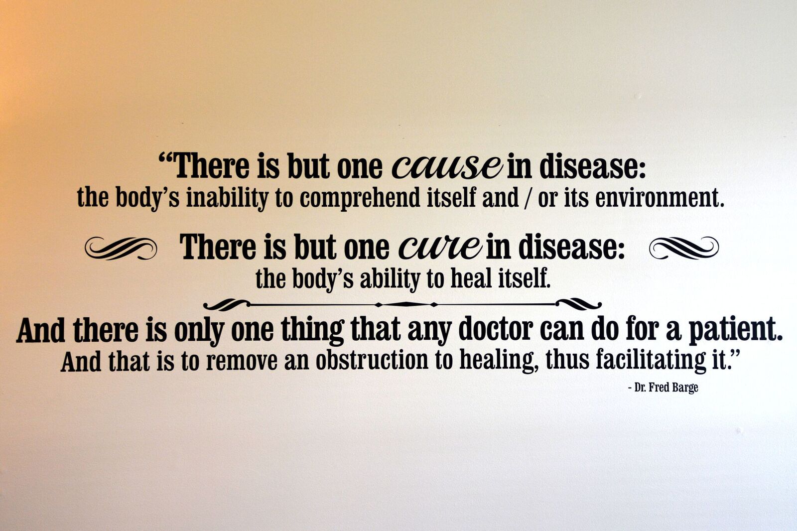 There is but one cause in disease: the body's inability to comprehend itself and/or its environment. There is but one cure in disease: the body's ability to heal itself. And there is only one thing that any doctor can do for a patient. And that is to remove an obstruction to healing, thus facilitating it. - Dr. Fred Barge